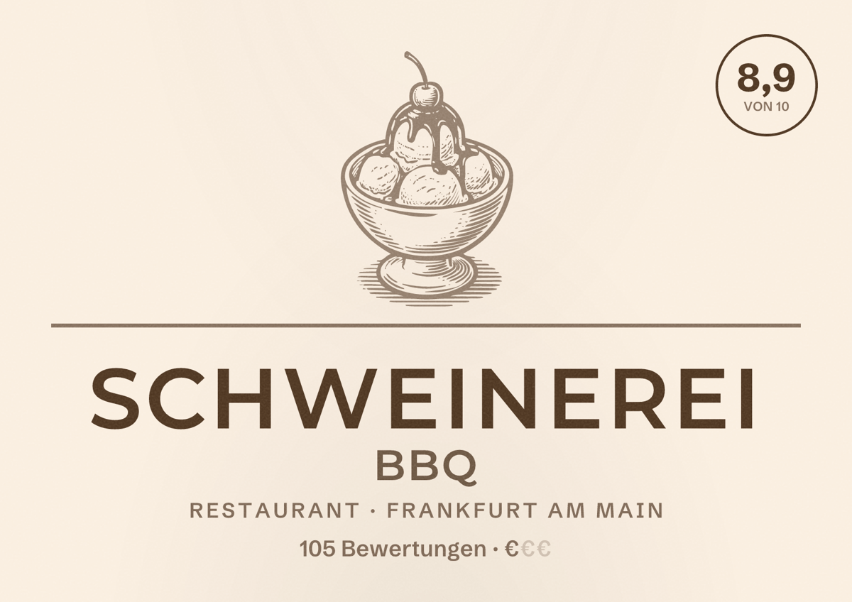 Illustriertes Poster von Schweinerei BBQ, Restaurant in Frankfurt am Main: Bewertung 8,9 von 10 aus 105 Bewertungen, Preisniveau €