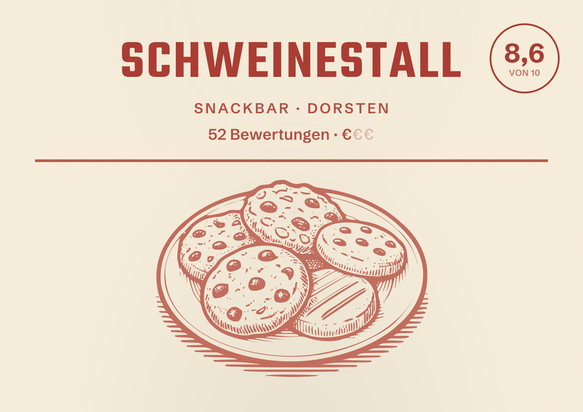 Illustriertes Poster von Schweinestall, Snackbar in Dorsten: Bewertung 8,6 von 10 aus 52 Bewertungen, Preisniveau €