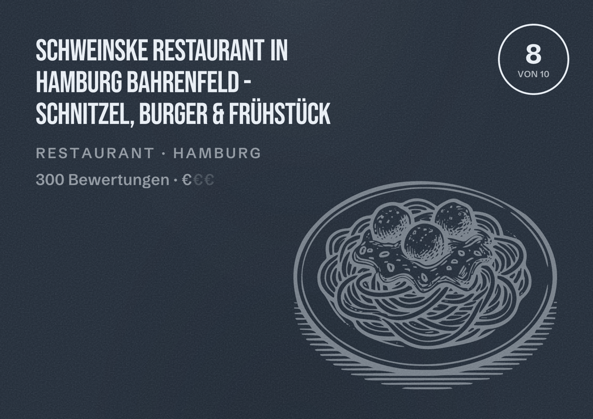 Illustriertes Poster von Schweinske Restaurant in Hamburg Bahrenfeld - Schnitzel, Burger & Frühstück, Restaurant in Hamburg: Bewertung 8,0 von 10 aus 300 Bewertungen, Preisniveau €