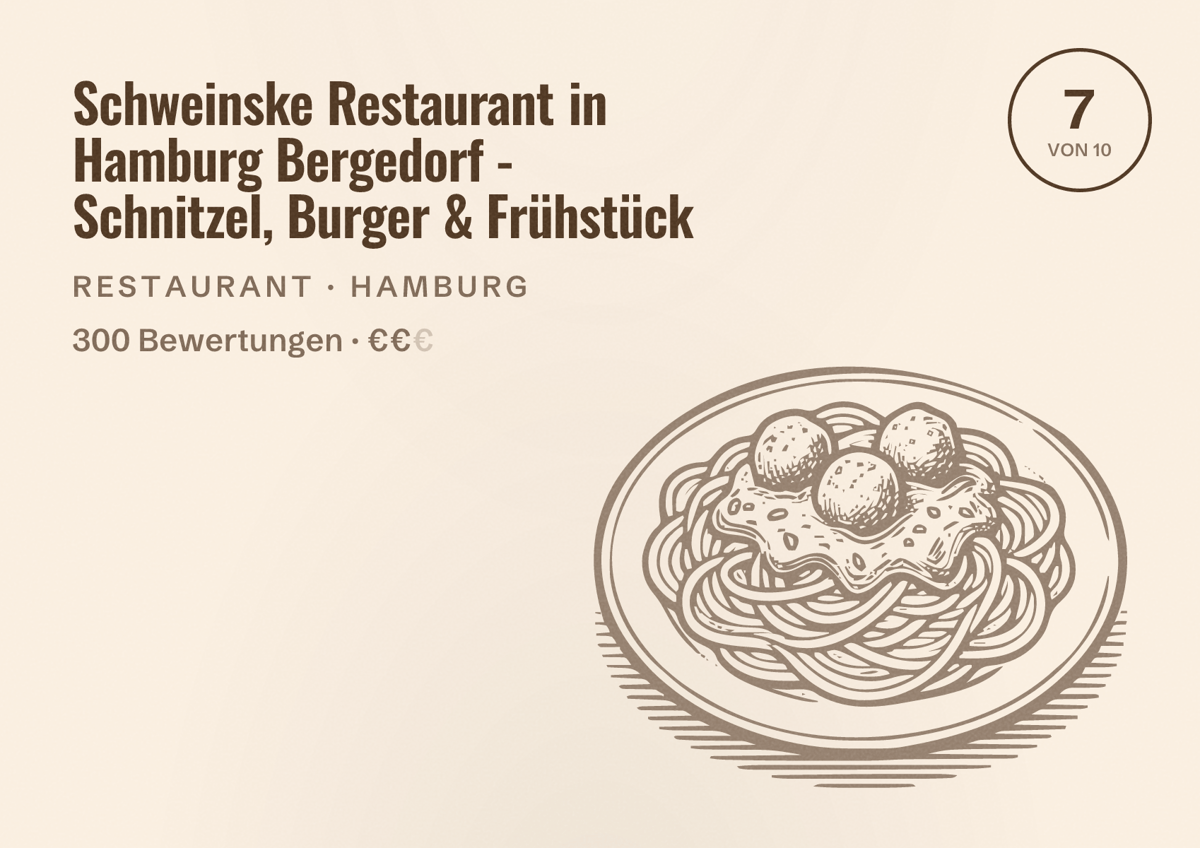 Illustriertes Poster von Schweinske Restaurant in Hamburg Bergedorf - Schnitzel, Burger & Frühstück, Restaurant in Hamburg: Bewertung 7,0 von 10 aus 300 Bewertungen, Preisniveau €€