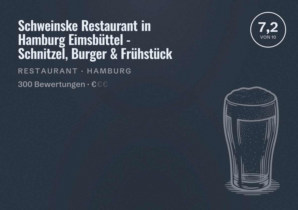 Illustriertes Poster von Schweinske Restaurant in Hamburg Eimsbüttel - Schnitzel, Burger & Frühstück, Restaurant in Hamburg: Bewertung 7,2 von 10 aus 300 Bewertungen, Preisniveau €