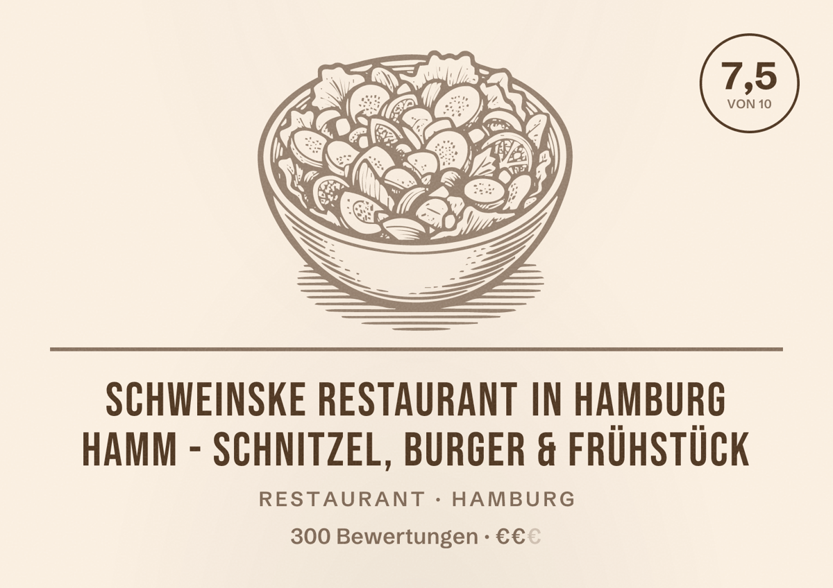 Illustriertes Poster von Schweinske Restaurant in Hamburg Hamm - Schnitzel, Burger & Frühstück, Restaurant in Hamburg: Bewertung 7,5 von 10 aus 300 Bewertungen, Preisniveau €€