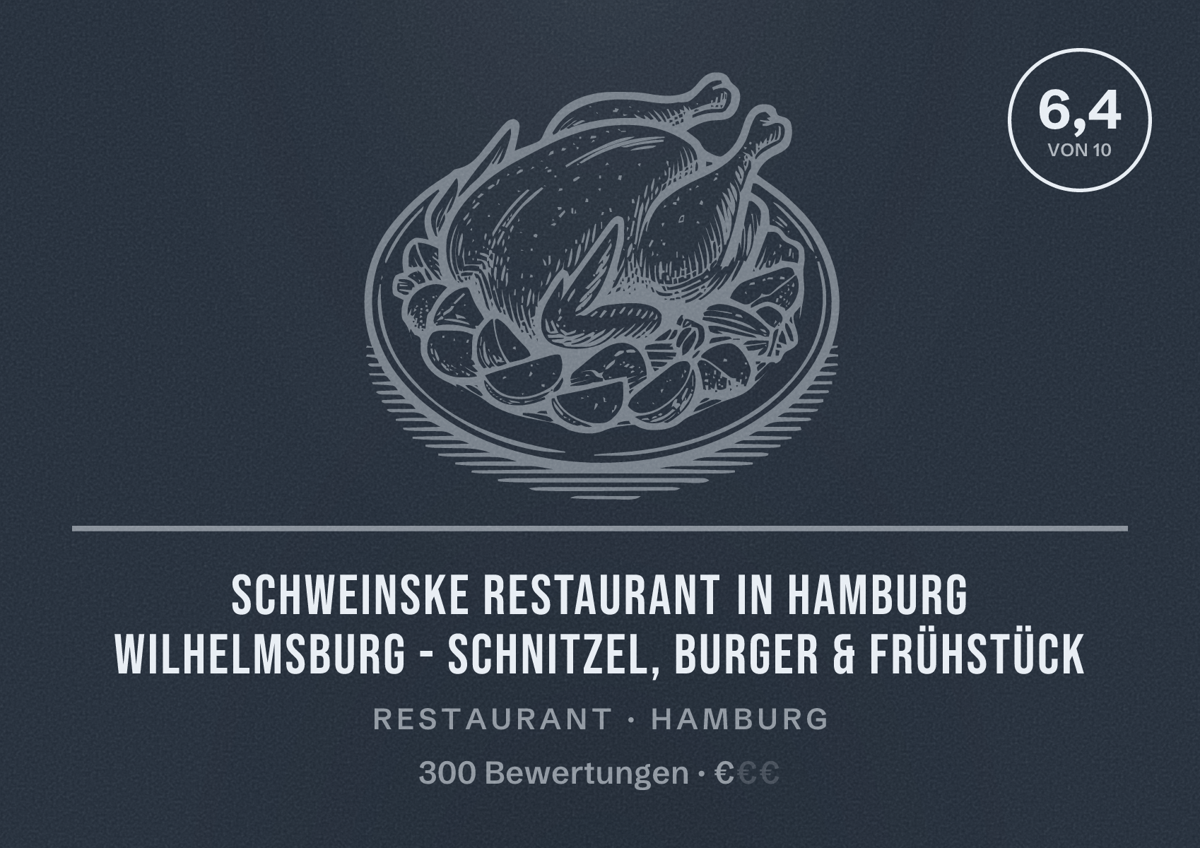 Illustriertes Poster von Schweinske Restaurant in Hamburg Wilhelmsburg - Schnitzel, Burger & Frühstück, Restaurant in Hamburg: Bewertung 6,4 von 10 aus 300 Bewertungen, Preisniveau €
