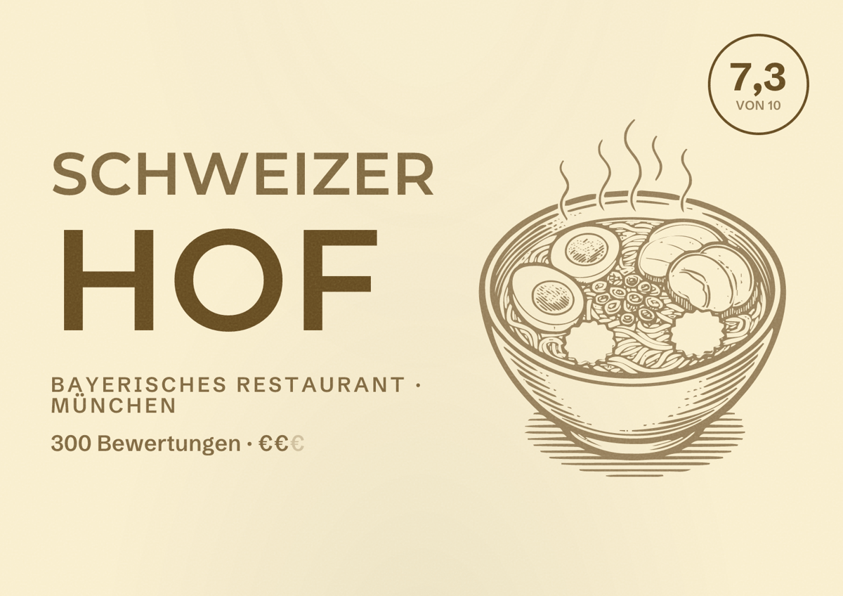 Illustriertes Poster von Schweizer Hof, Bayerisches Restaurant in München: Bewertung 7,3 von 10 aus 300 Bewertungen, Preisniveau €€