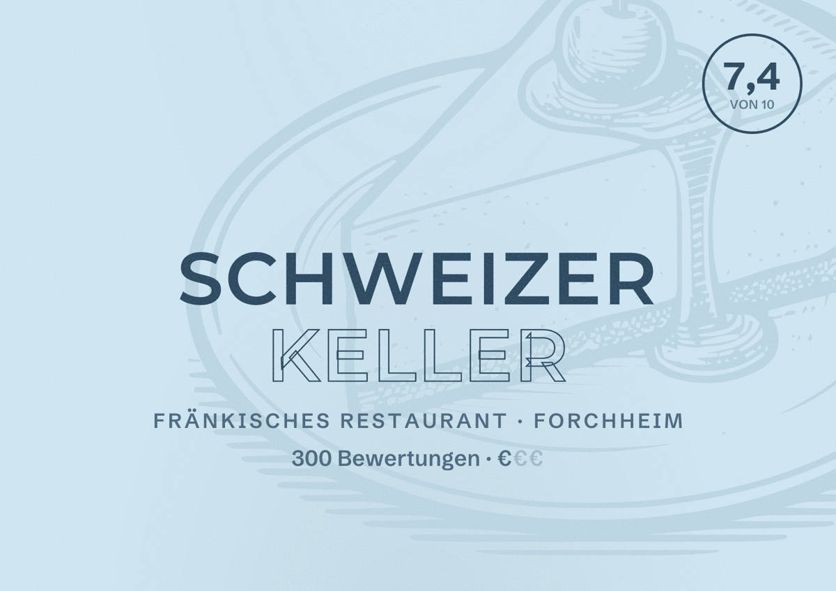 Illustriertes Poster von Schweizer Keller, Fränkisches Restaurant in Forchheim: Bewertung 7,4 von 10 aus 300 Bewertungen, Preisniveau €