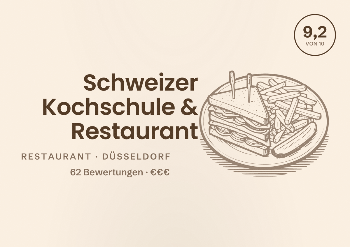 Illustriertes Poster von Schweizer Kochschule & Restaurant, Restaurant in Düsseldorf: Bewertung 9,2 von 10 aus 62 Bewertungen, Preisniveau €€€