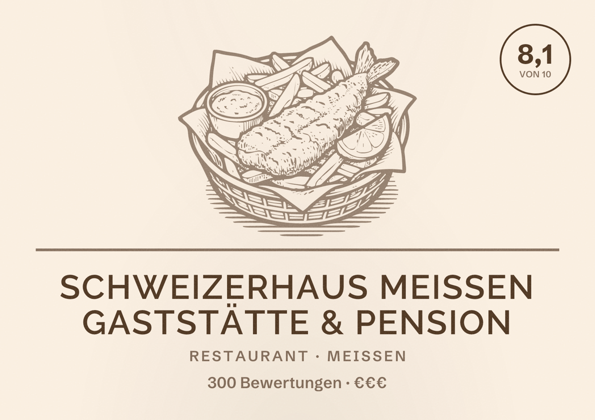 Illustriertes Poster von Schweizerhaus Meissen Gaststätte & Pension, Restaurant in Meißen: Bewertung 8,1 von 10 aus 300 Bewertungen, Preisniveau €€€