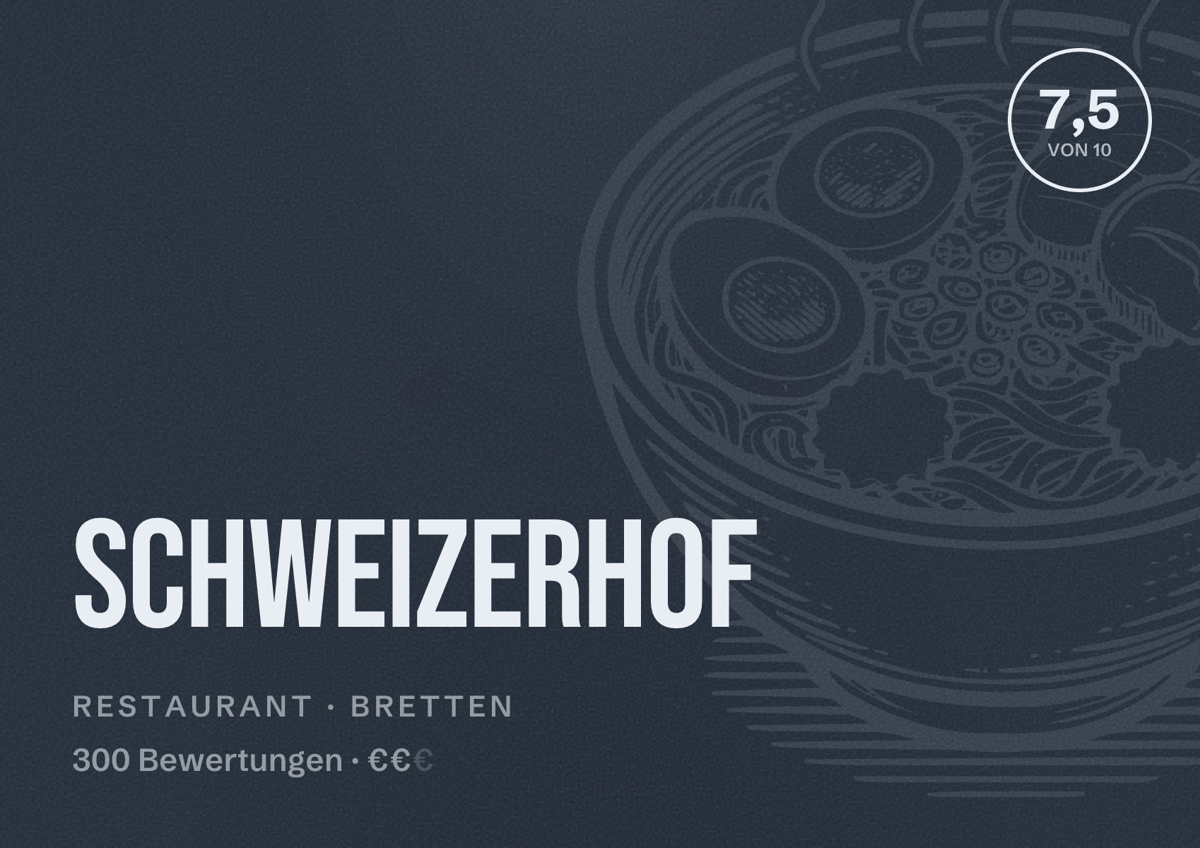 Illustriertes Poster von Schweizerhof, Restaurant in Bretten: Bewertung 7,5 von 10 aus 300 Bewertungen, Preisniveau €€