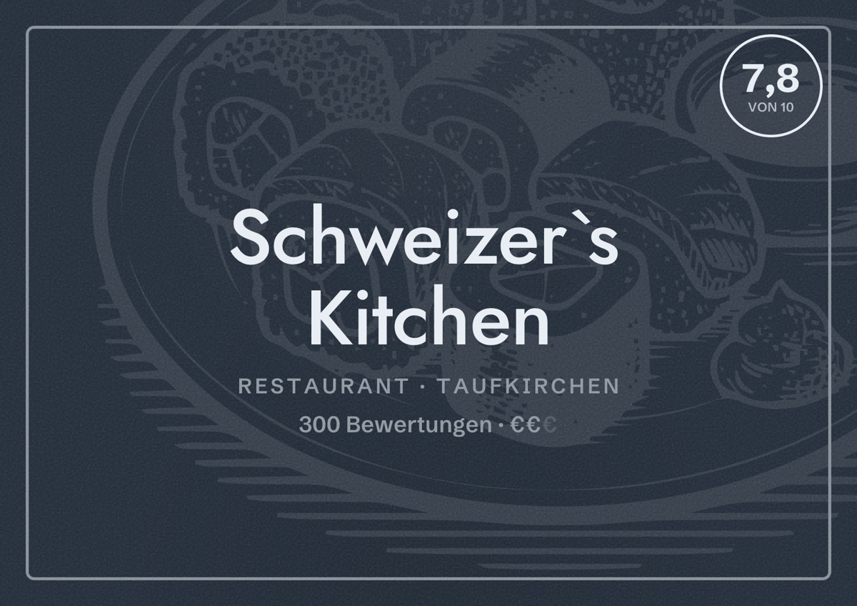 Illustriertes Poster von Schweizer`s Kitchen, Restaurant in Taufkirchen: Bewertung 7,8 von 10 aus 300 Bewertungen, Preisniveau €€