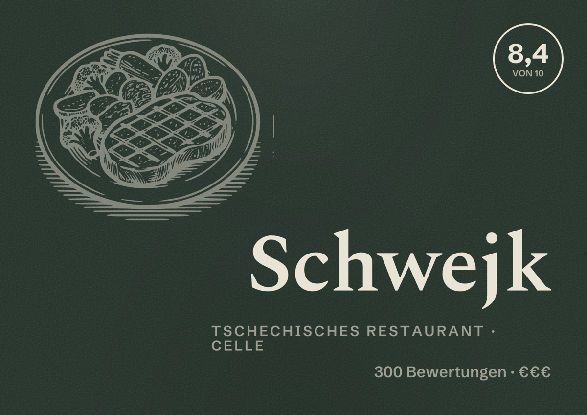 Illustriertes Poster von Schwejk, Tschechisches Restaurant in Celle: Bewertung 8,4 von 10 aus 300 Bewertungen, Preisniveau €€€
