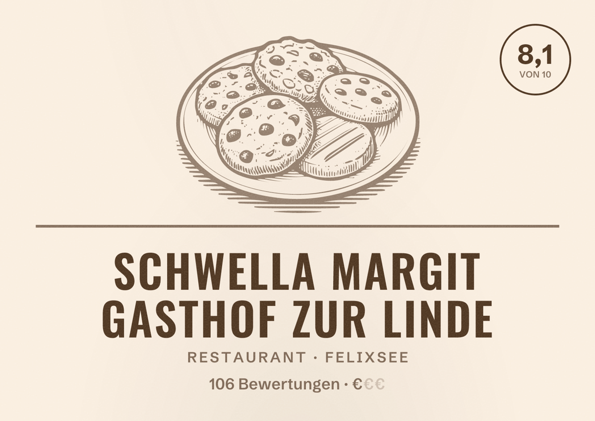 Illustriertes Poster von Schwella Margit Gasthof Zur Linde, Restaurant in Felixsee: Bewertung 8,1 von 10 aus 106 Bewertungen, Preisniveau €