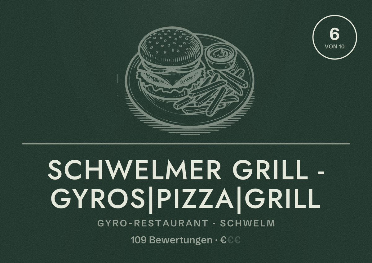 Illustriertes Poster von Schwelmer Grill - Gyros|Pizza|Grill, Gyro-Restaurant in Schwelm: Bewertung 6 von 10 aus 109 Bewertungen, Preisniveau €