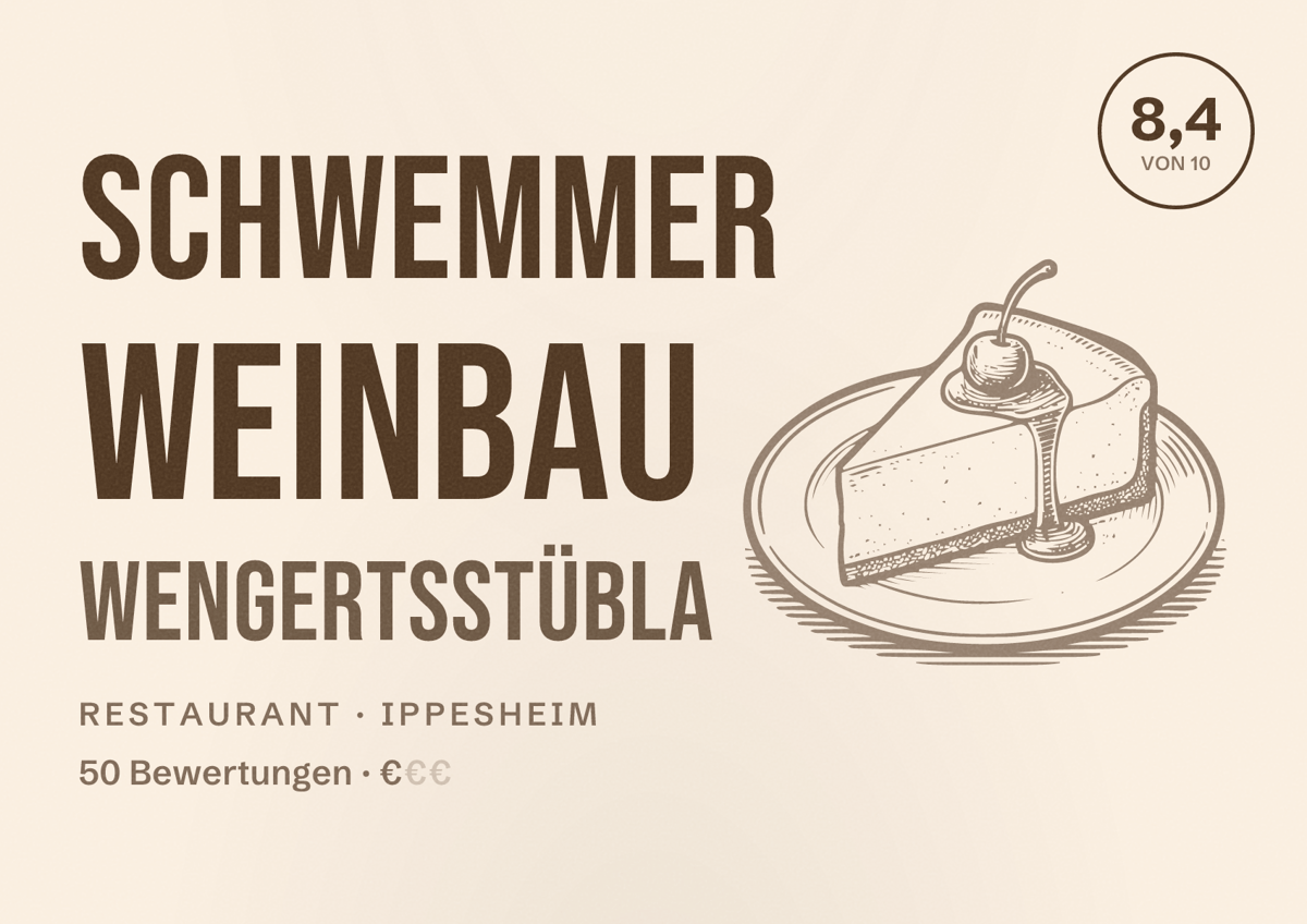 Illustriertes Poster von Schwemmer Weinbau Wengertsstübla, Restaurant in Ippesheim: Bewertung 8,4 von 10 aus 50 Bewertungen, Preisniveau €