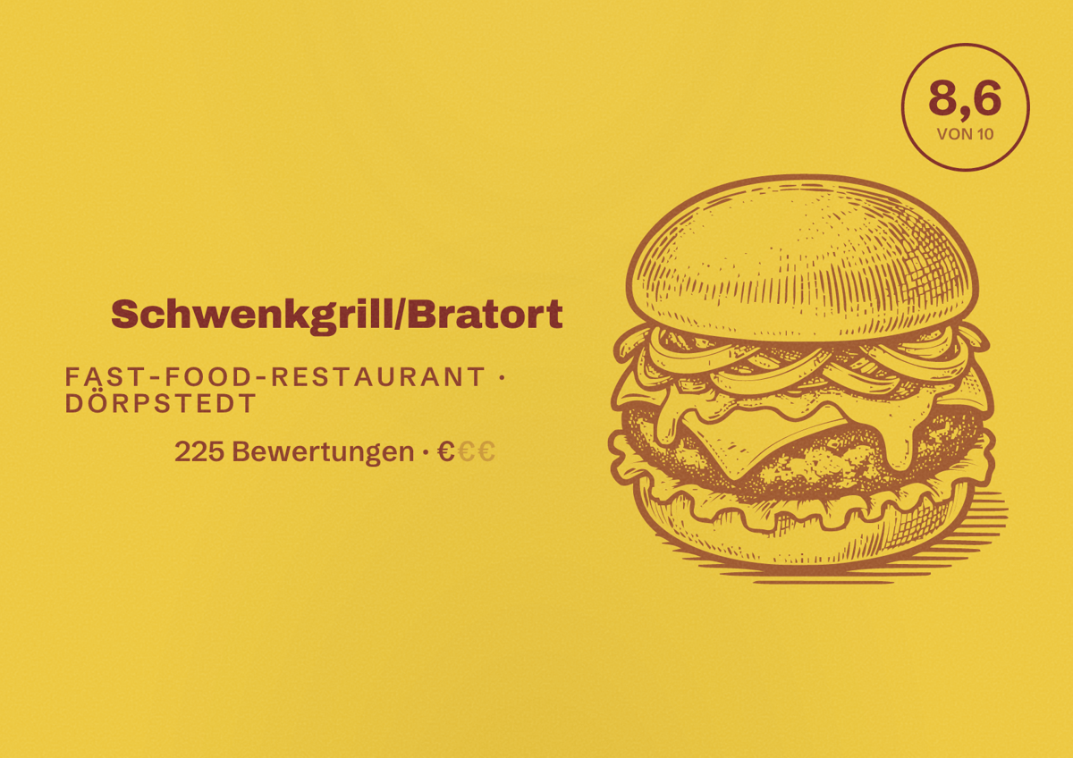 Illustriertes Poster von Schwenkgrill/Bratort, Fast-Food-Restaurant in Dörpstedt: Bewertung 8,6 von 10 aus 225 Bewertungen, Preisniveau €