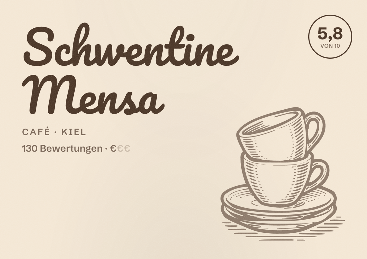 Illustriertes Poster von Schwentine Mensa, Café in Kiel: Gästebewertung 5,8 von 10 aus 130 Bewertungen