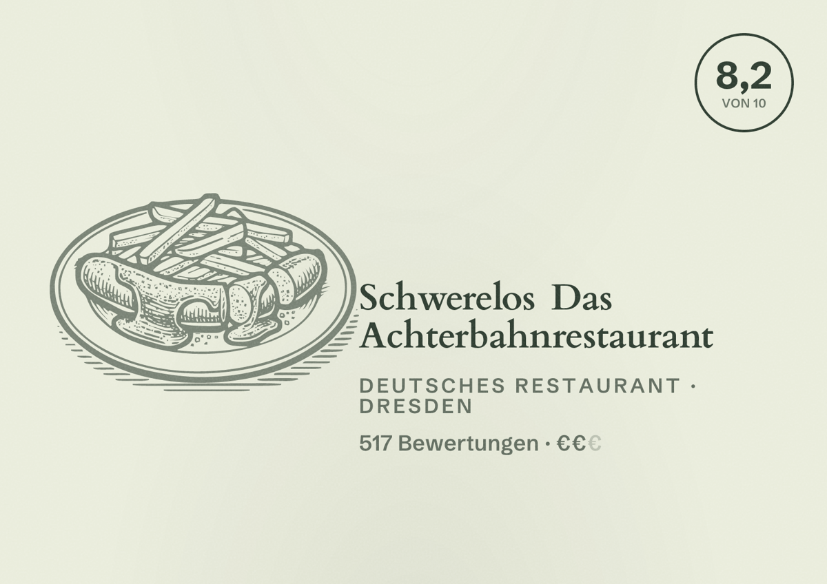 Illustriertes Poster von Schwerelos Das Achterbahnrestaurant, Deutsches Restaurant in Dresden: Bewertung 8,2 von 10 aus 517 Bewertungen, Preisniveau €€