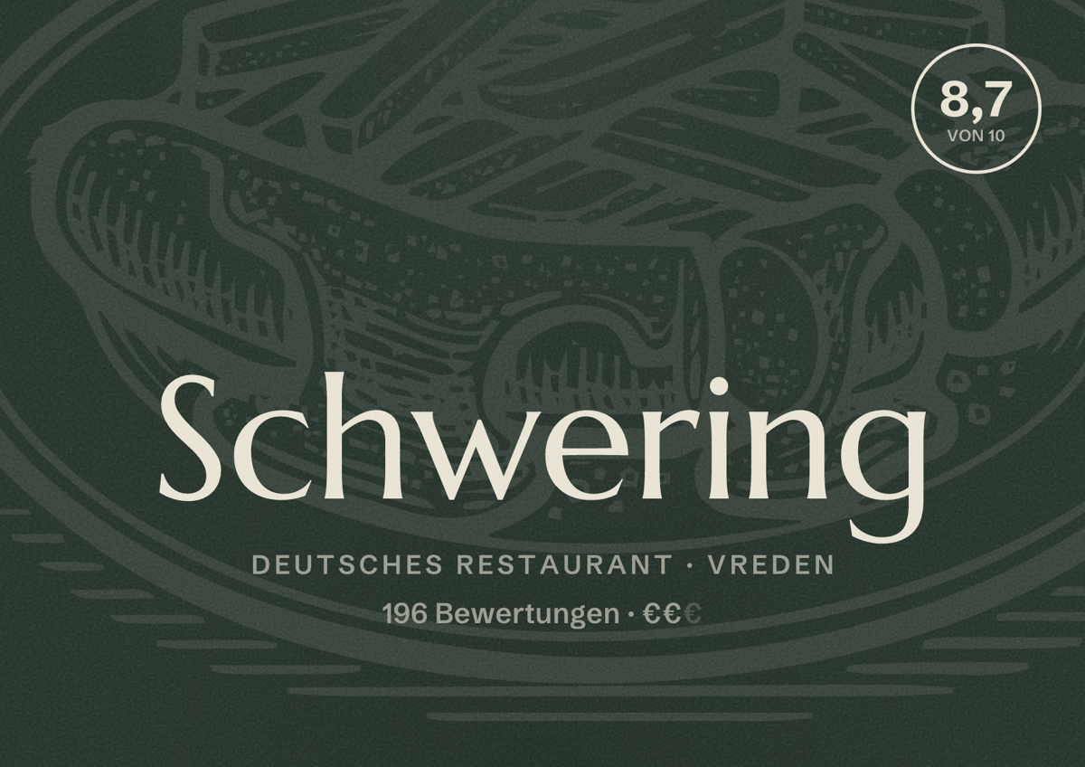 Illustriertes Poster von Schwering, Deutsches Restaurant in Vreden: Bewertung 8,7 von 10 aus 196 Bewertungen, Preisniveau €€