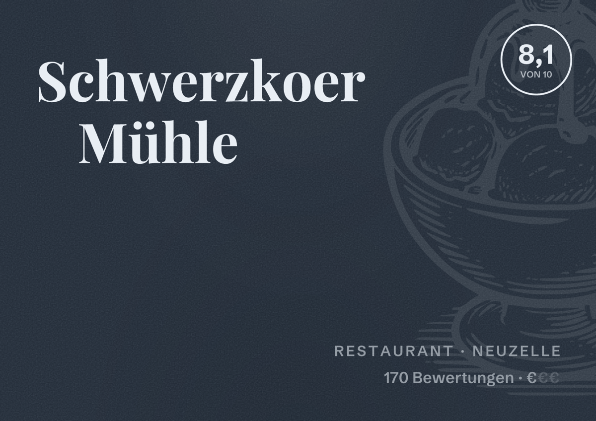 Illustriertes Poster von Schwerzkoer Mühle, Restaurant in Neuzelle: Bewertung 8,1 von 10 aus 170 Bewertungen, Preisniveau €