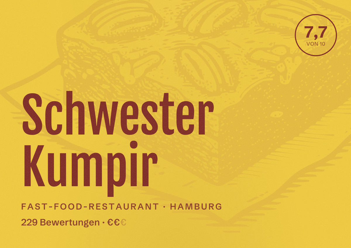 Illustriertes Poster von Schwester Kumpir, Fast-Food-Restaurant in Hamburg: Bewertung 7,7 von 10 aus 229 Bewertungen, Preisniveau €€