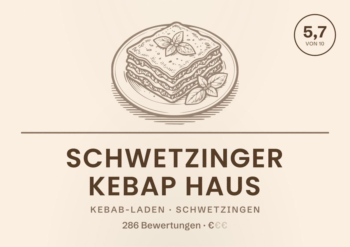 Illustriertes Poster von Schwetzinger Kebap Haus, Kebab-Laden in Schwetzingen: Bewertung 5,7 von 10 aus 286 Bewertungen, Preisniveau €