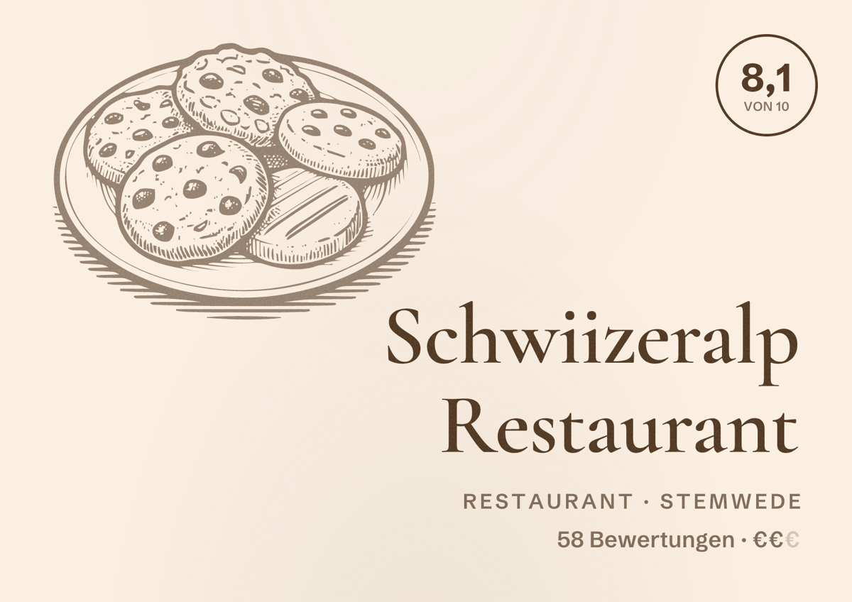 Illustriertes Poster von Schwiizeralp Restaurant, Restaurant in Stemwede: Bewertung 8,1 von 10 aus 58 Bewertungen, Preisniveau €€