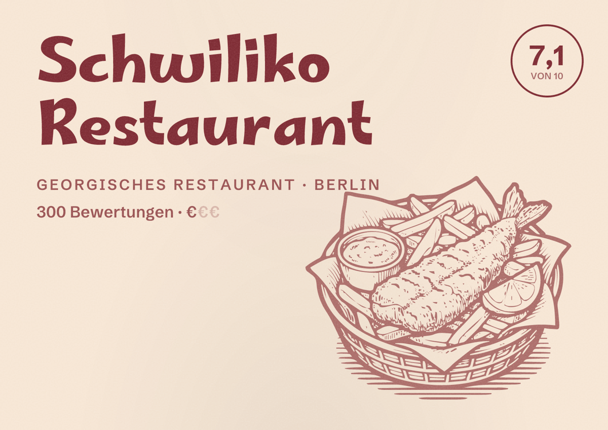 Illustriertes Poster von Schwiliko Restaurant, Georgisches Restaurant in Berlin: Bewertung 7,1 von 10 aus 300 Bewertungen, Preisniveau €