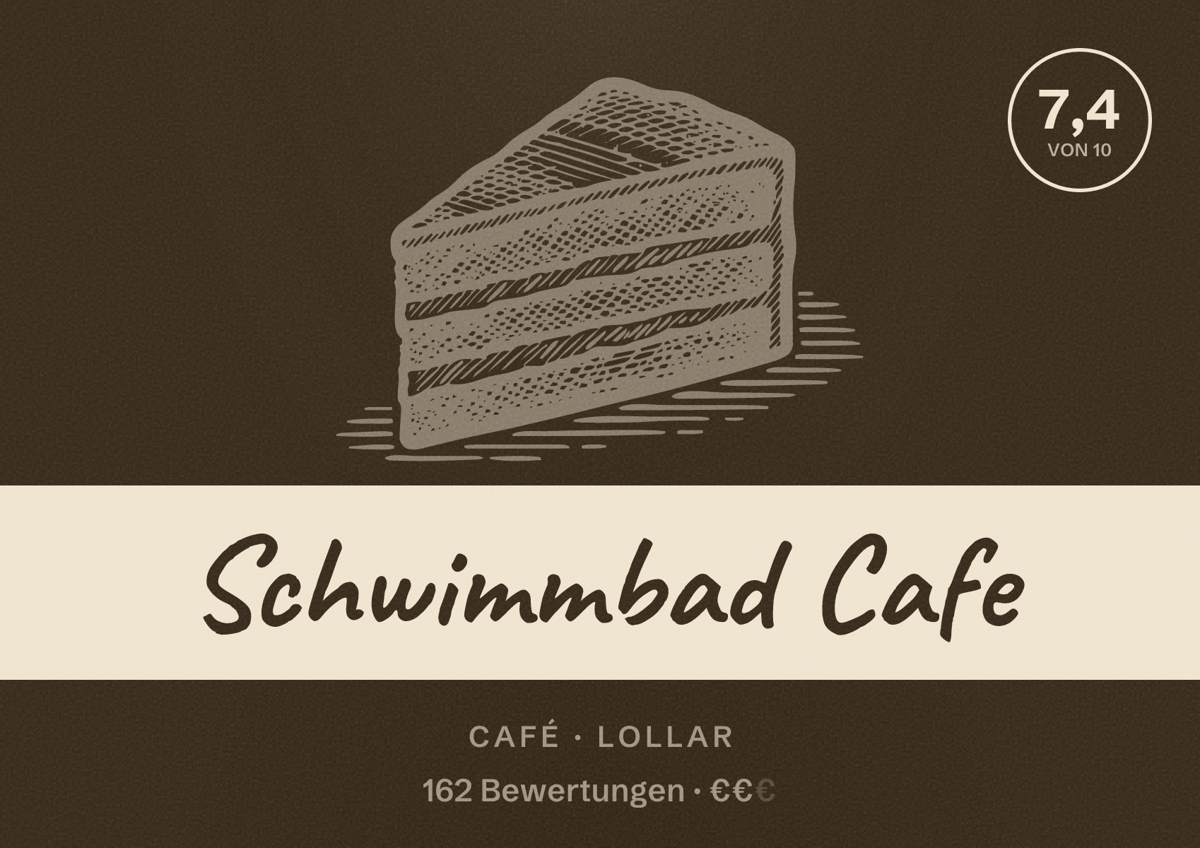 Illustriertes Poster von Schwimmbad Cafe, Café in Lollar: Bewertung 7,4 von 10 aus 162 Bewertungen, Preisniveau €€