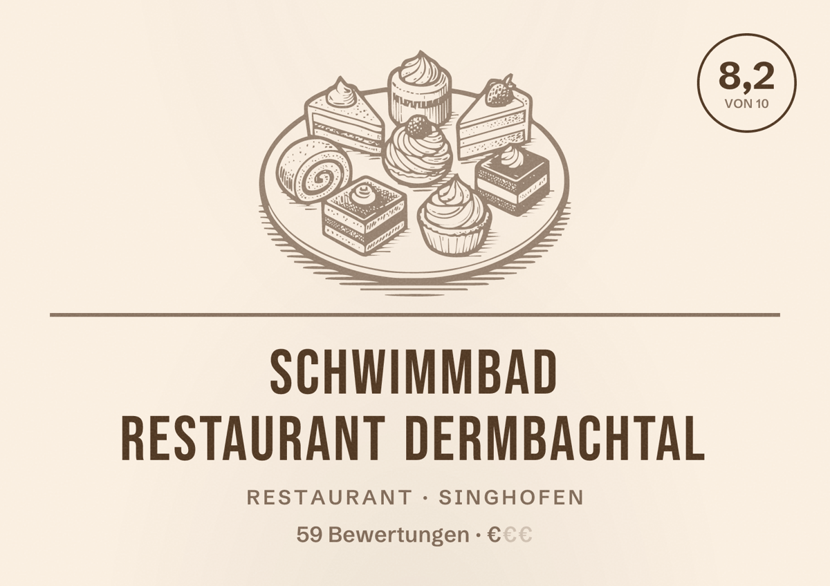 Illustriertes Poster von Schwimmbad Restaurant Dermbachtal, Restaurant in Singhofen: Bewertung 8,2 von 10 aus 59 Bewertungen, Preisniveau €