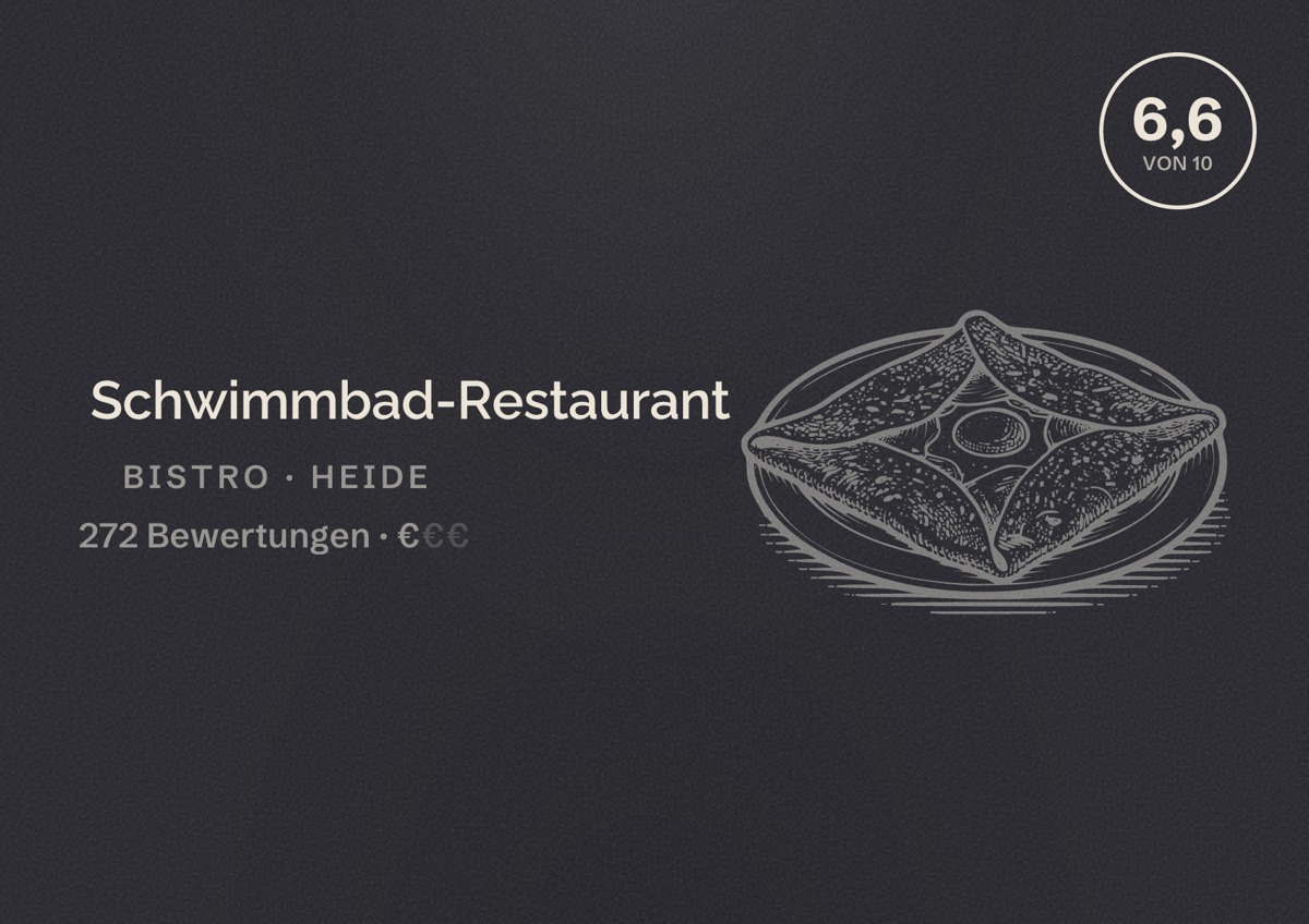 Illustriertes Poster von Schwimmbad-Restaurant, Bistro in Heide: Bewertung 6,6 von 10 aus 272 Bewertungen, Preisniveau €