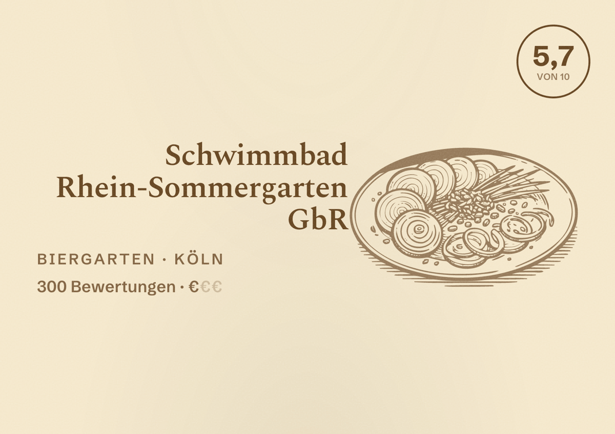 Illustriertes Poster von Schwimmbad Rhein-Sommergarten GbR, Biergarten in Köln: Bewertung 5,7 von 10 aus 300 Bewertungen, Preisniveau €