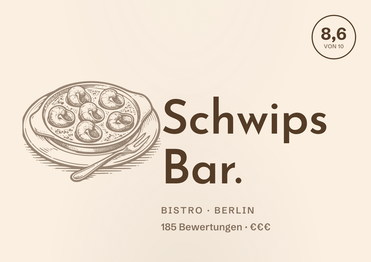 Illustriertes Poster von Schwips Bar., Bistro in Berlin: Bewertung 8,6 von 10 aus 185 Bewertungen, Preisniveau €€€