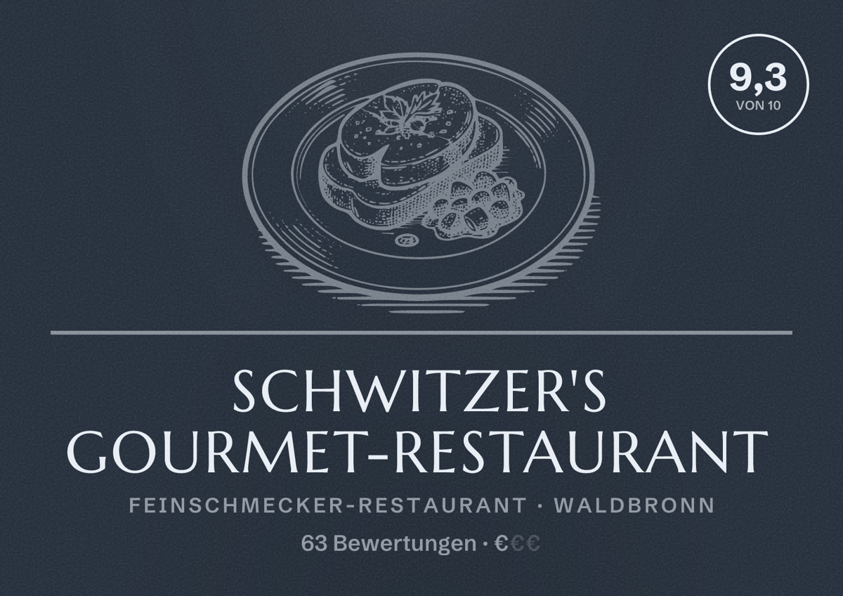 Illustriertes Poster von Schwitzer's Gourmet-Restaurant, Feinschmecker-Restaurant in Waldbronn: Bewertung 9,3 von 10 aus 63 Bewertungen, Preisniveau €