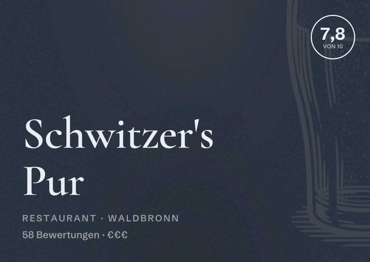 Illustriertes Poster von Schwitzer's Pur, Restaurant in Waldbronn: Bewertung 7,8 von 10 aus 58 Bewertungen, Preisniveau €€€