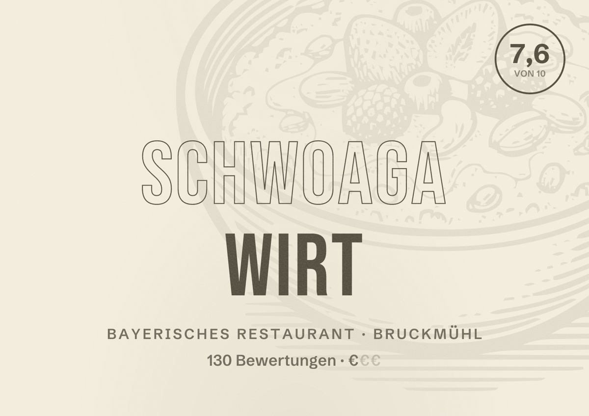Illustriertes Poster von Schwoaga Wirt, Bayerisches Restaurant in Bruckmühl: Bewertung 7,6 von 10 aus 130 Bewertungen, Preisniveau €