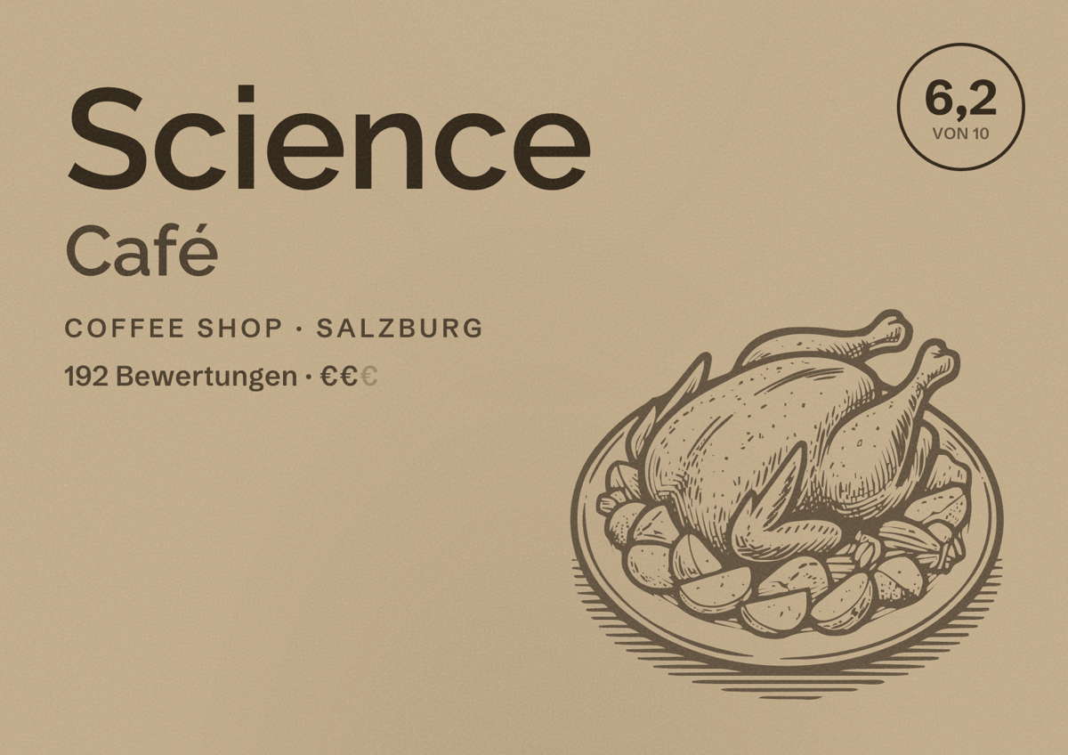 Illustriertes Poster von Science Café, Coffee Shop in Salzburg: Bewertung 6,2 von 10 aus 192 Bewertungen, Preisniveau €€