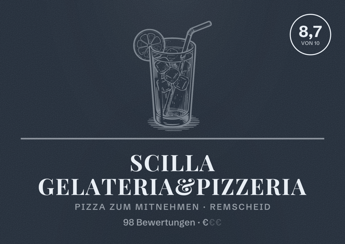 Illustriertes Poster von Scilla Gelateria&Pizzeria, Pizza zum Mitnehmen in Remscheid: Bewertung 8,7 von 10 aus 98 Bewertungen, Preisniveau €