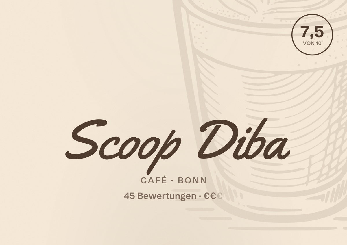 Illustriertes Poster von Scoop Diba, Café in Bonn: Bewertung 7,5 von 10 aus 45 Bewertungen, Preisniveau €€