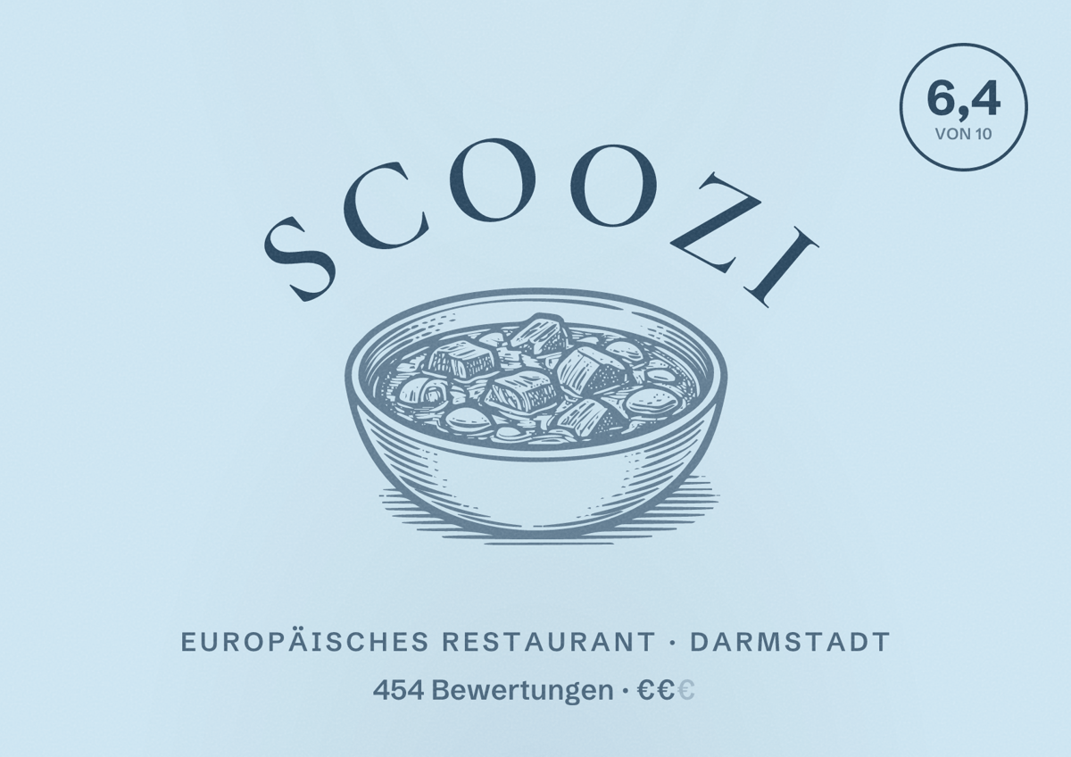 Illustriertes Poster von Scoozi, Europäisches Restaurant in Darmstadt: Bewertung 6,4 von 10 aus 454 Bewertungen, Preisniveau €€