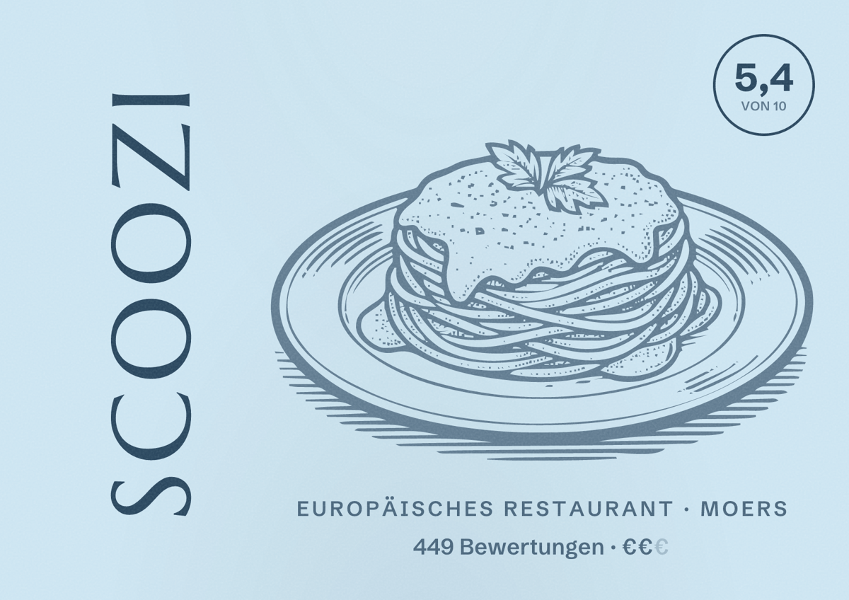 Illustriertes Poster von Scoozi, Europäisches Restaurant in Moers: Bewertung 5,4 von 10 aus 449 Bewertungen, Preisniveau €€