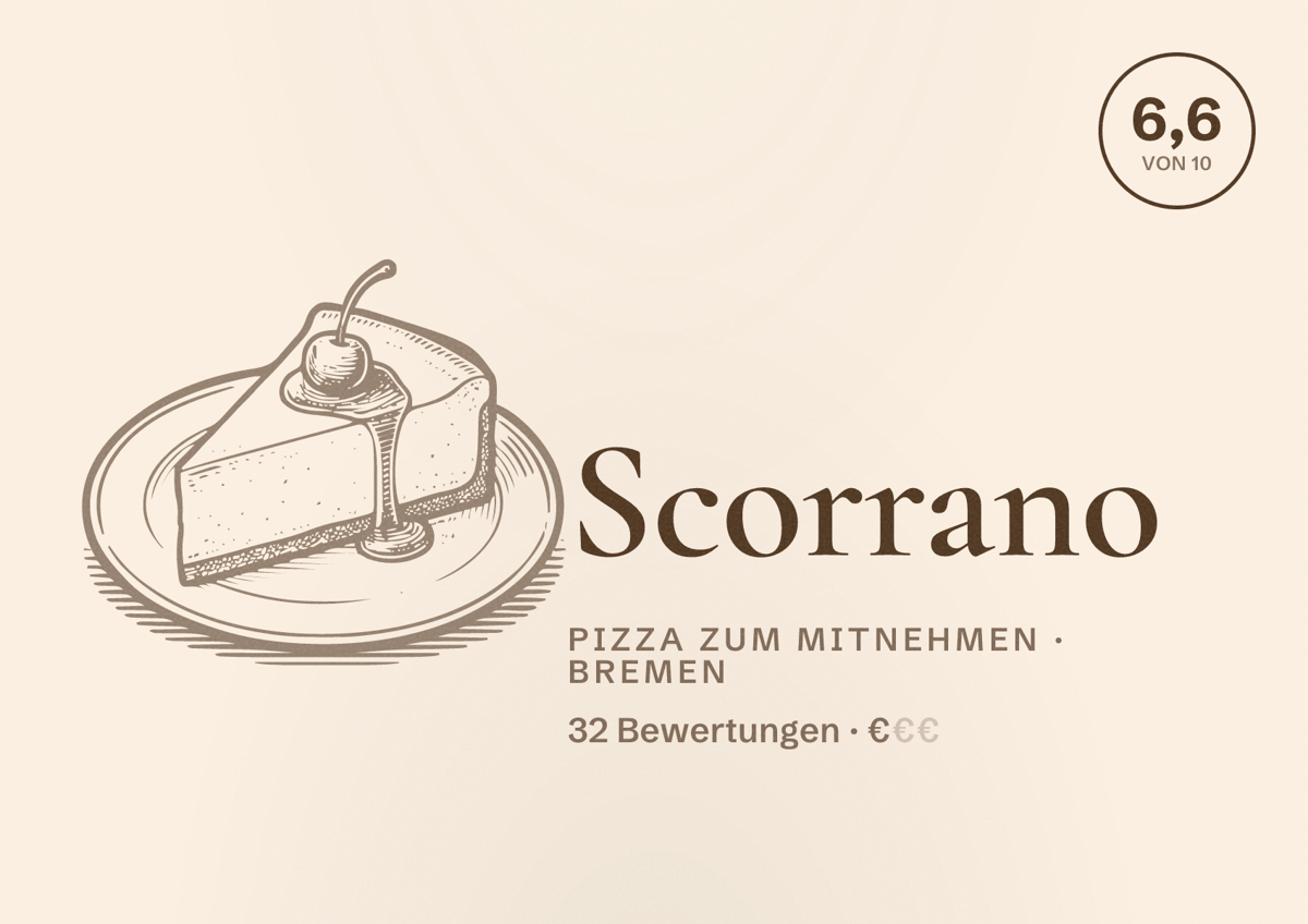 Illustriertes Poster von Scorrano, Pizza zum Mitnehmen in Bremen: Bewertung 6,6 von 10 aus 32 Bewertungen, Preisniveau €