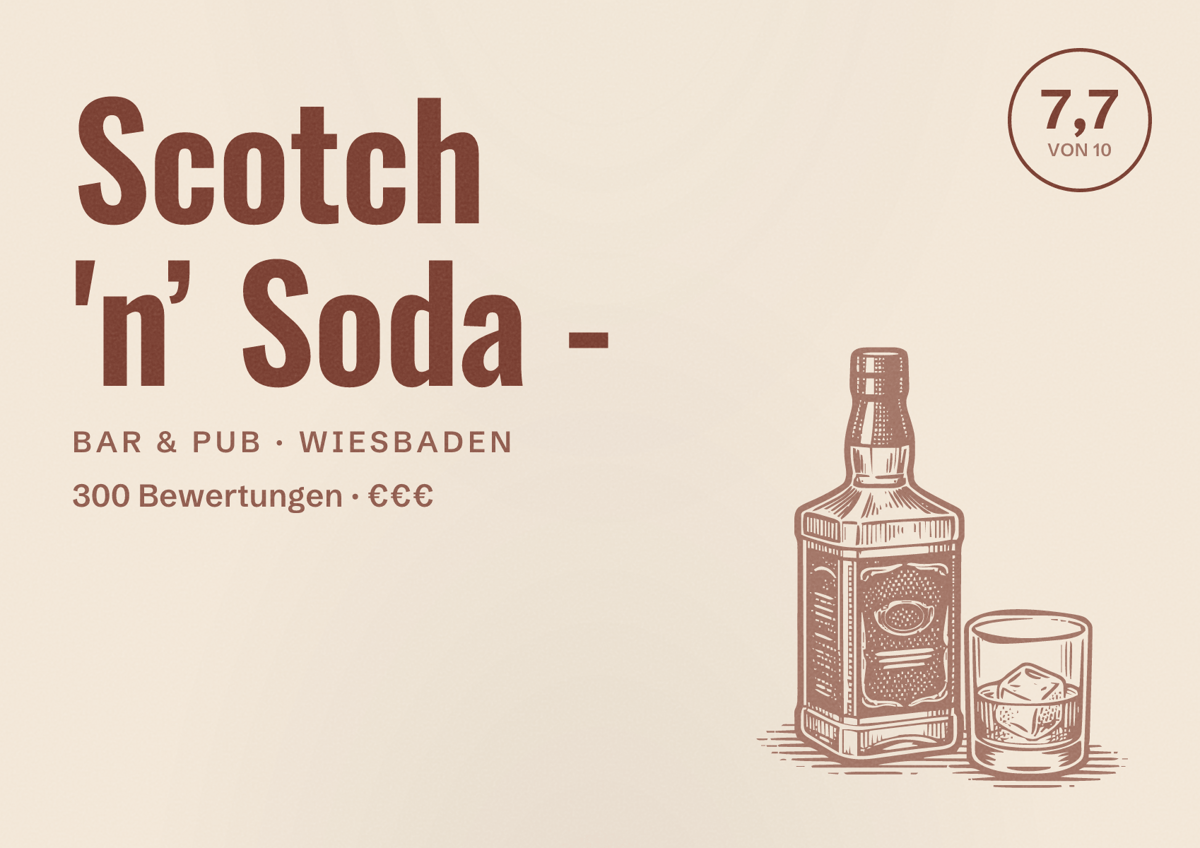 Illustriertes Poster von Scotch 'n’ Soda -, Bar & Pub in Wiesbaden: Bewertung 7,7 von 10 aus 300 Bewertungen, Preisniveau €€€