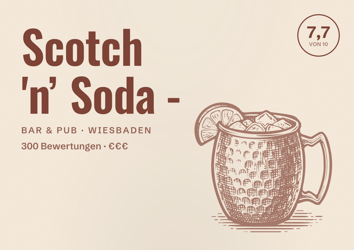 Illustriertes Poster von Scotch 'n’ Soda -, Bar & Pub in Wiesbaden: Bewertung 7,7 von 10 aus 300 Bewertungen, Preisniveau €€€