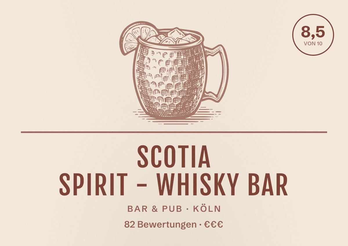 Illustriertes Poster von Scotia Spirit - Whisky Bar, Bar & Pub in Köln: Bewertung 8,5 von 10 aus 82 Bewertungen, Preisniveau €€€