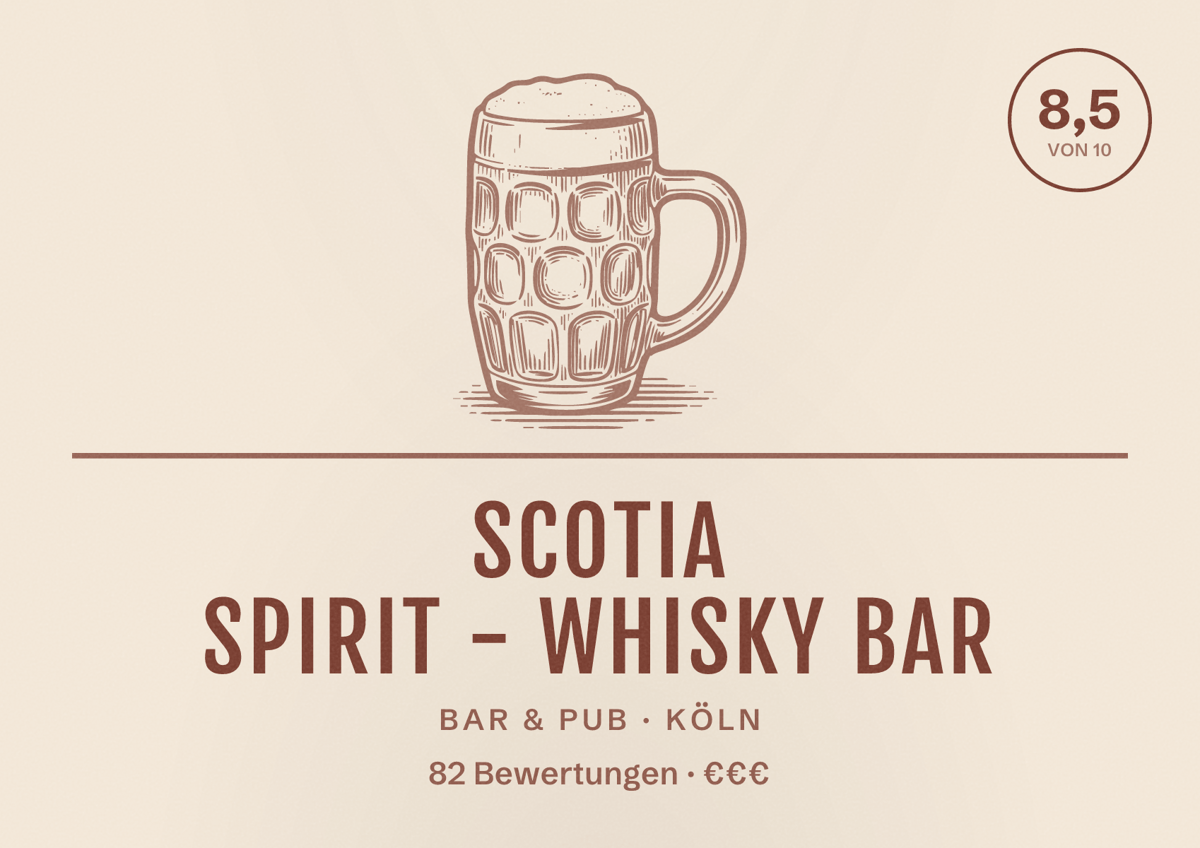Illustriertes Poster von Scotia Spirit - Whisky Bar, Bar & Pub in Köln: Bewertung 8,5 von 10 aus 82 Bewertungen, Preisniveau €€€