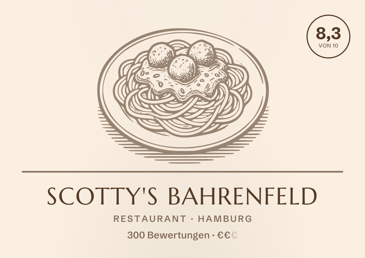 Illustriertes Poster von Scotty's Bahrenfeld, Restaurant in Hamburg: Bewertung 8,3 von 10 aus 300 Bewertungen, Preisniveau €€