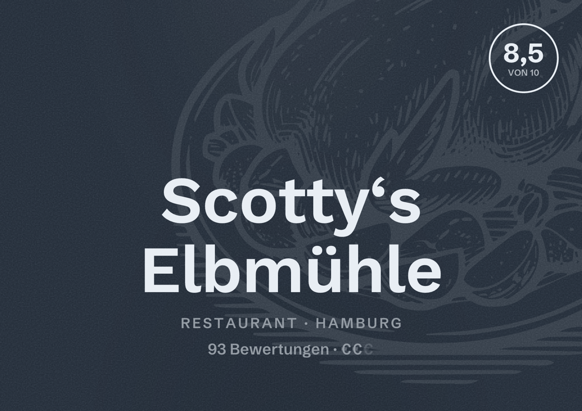 Illustriertes Poster von Scotty‘s Elbmühle, Restaurant in Hamburg: Bewertung 8,5 von 10 aus 93 Bewertungen, Preisniveau €€