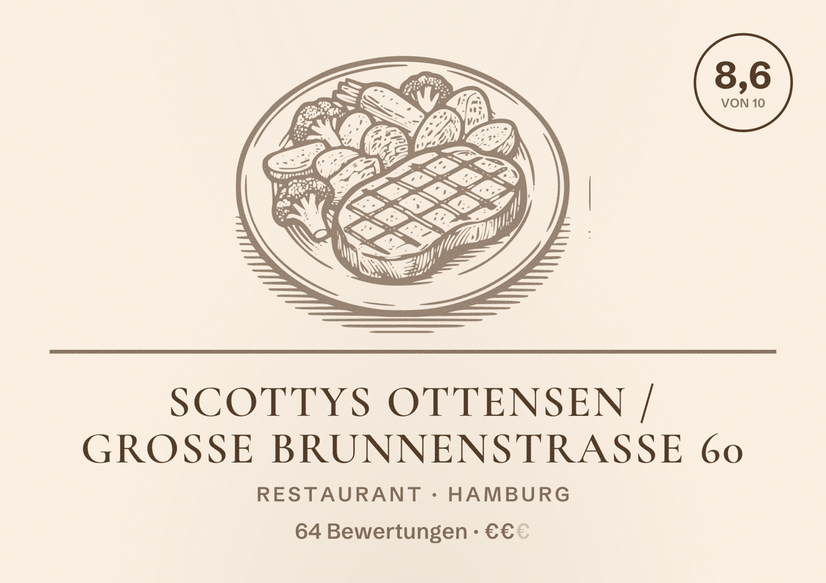 Illustriertes Poster von Scottys Ottensen / Große Brunnenstrasse 60, Restaurant in Hamburg: Bewertung 8,6 von 10 aus 64 Bewertungen, Preisniveau €€