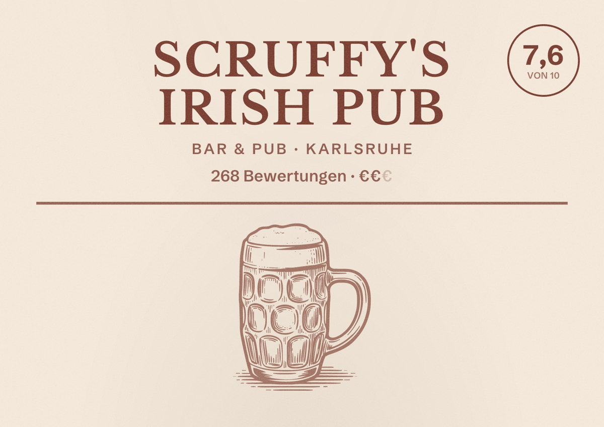 Illustriertes Poster von Scruffy's Irish Pub, Bar & Pub in Karlsruhe: Bewertung 7,6 von 10 aus 268 Bewertungen, Preisniveau €€