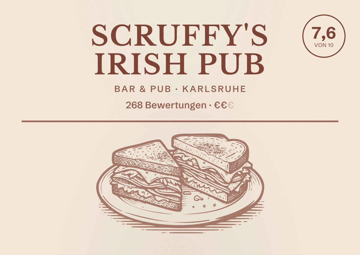 Illustriertes Poster von Scruffy's Irish Pub, Bar & Pub in Karlsruhe: Bewertung 7,6 von 10 aus 268 Bewertungen, Preisniveau €€