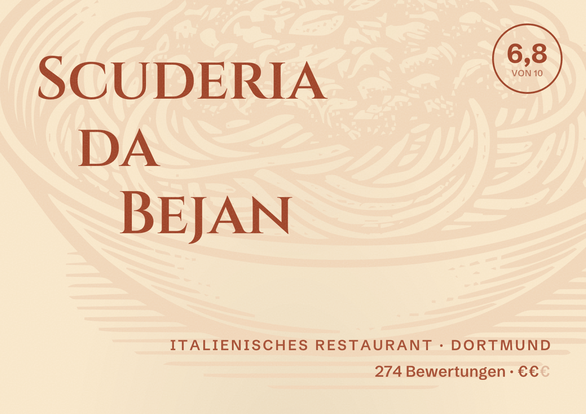 Illustriertes Poster von Scuderia da Bejan, Italienisches Restaurant in Dortmund: Bewertung 6,8 von 10 aus 274 Bewertungen, Preisniveau €€